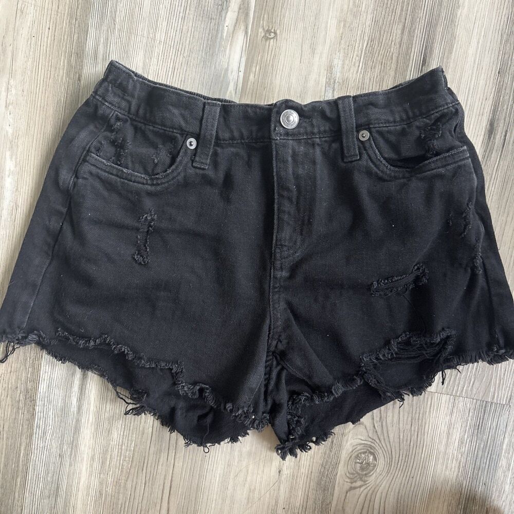 Aerie Black Elastic Waist Jean Shorts Distressed Cutoffs Size XS